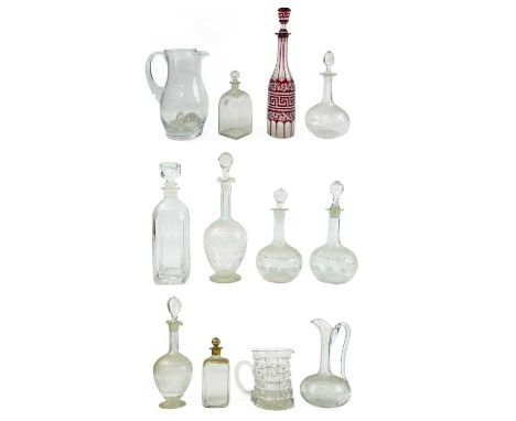 A Bohemian ruby flash decanter and stopper. Together with a square glass gilt decanter, another similar and nine other variou
