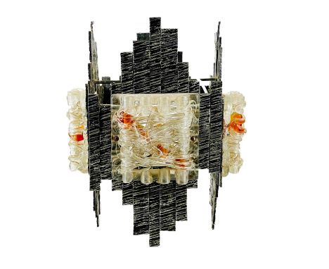 Albano Poli a brutalist style hanging light pendant. Circa 1970 steel and glass, height 42cm 35cm square.Two of the Murano gl