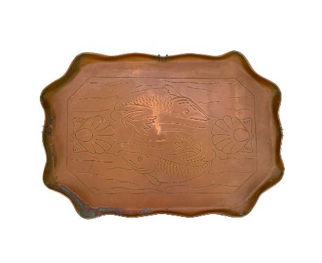 A Cornish copper tray. Probably J.&amp;F. Pool, Hayle, engraved with two fish, scallop shells and waves, width 48cm.