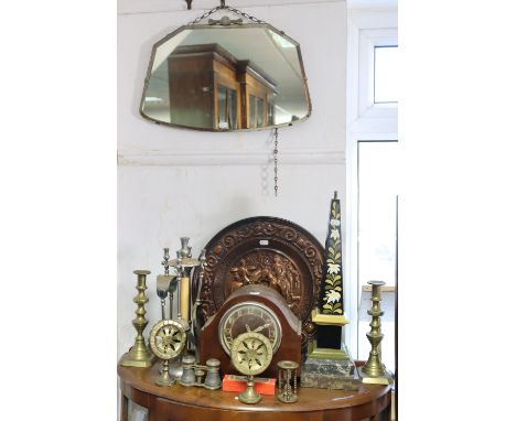 Two 19th century trinket boxes; a frameless wall mirror; a mantel clock; various items of metalware, etc. 