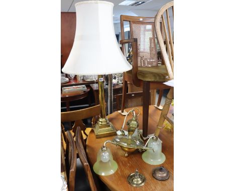 A brass Corinthian-style table lamp with shade 34¾” tall (over-all); &amp; three brass ceiling light fittings.