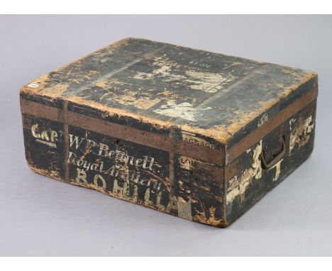 A vintage black painted &amp; steel-bound deal travelling trunk with inscription to front “Cap. W. P. Bennett Royal Artillery