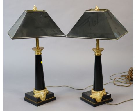 A pair of regency-style black-finish table lamp bases each with gilt-metal mounts, &amp; on square stepped bases (one require