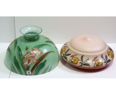 Three vintage coloured-glass ceiling light shades; &amp; a similar oil lamp shade. 