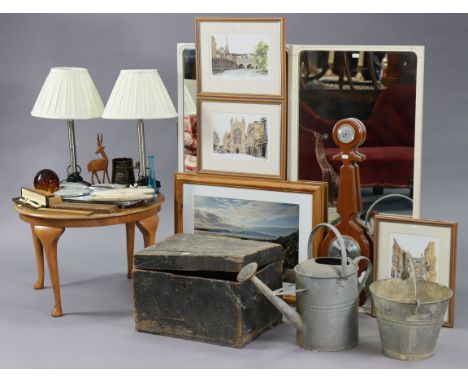 A black deal painted small storage-trunk, 17¾” wide; together with a pair of mirrors; a circular coffee table; various decora