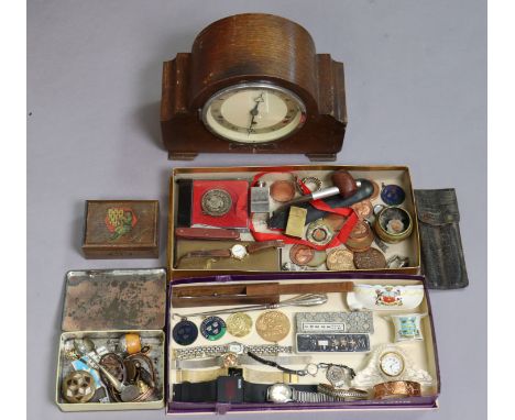 A mantel clock in an oak domed-top case; together with various wristwatches &amp; sundry other items.
