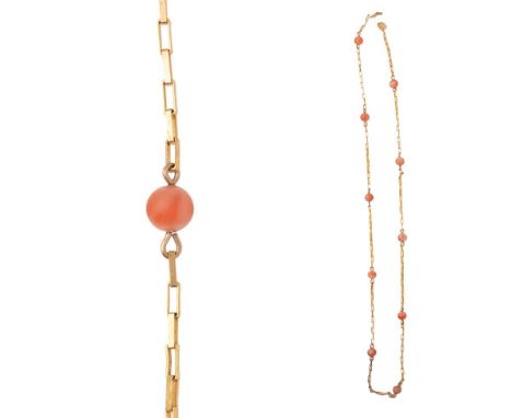 A vintage coral bead necklace on 9ct gold box link chain. Length 39cm. Weight 2.5g.  Missing clasp.