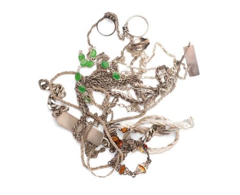 A group of vintage and later silver jewellery including a silver ring set with oval quartz, a signet ring with gold highlight