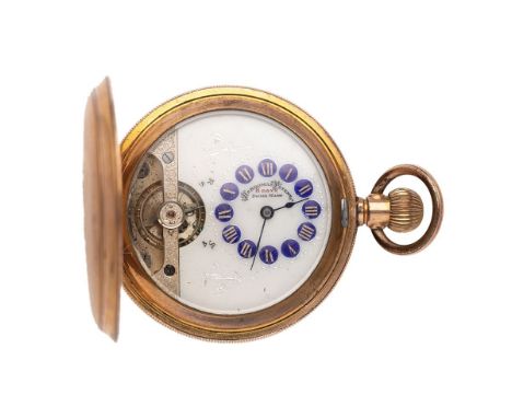 A Hebdomas Patent 8 Day Swiss movement exhibition dial,  keyless wind, pocket watch, having decorated signed dial and blue en