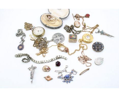 A group of vintage costume jewellery including two strings of graduated simulated pearls, one with 9ct gold clasp, pair of cu