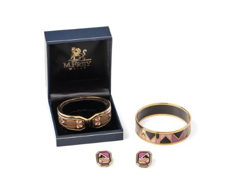 A Michaela Frey bangle of Egyptian Revival design, boxed and another Michaela Frey bangle, the Art Deco with abstract geometr