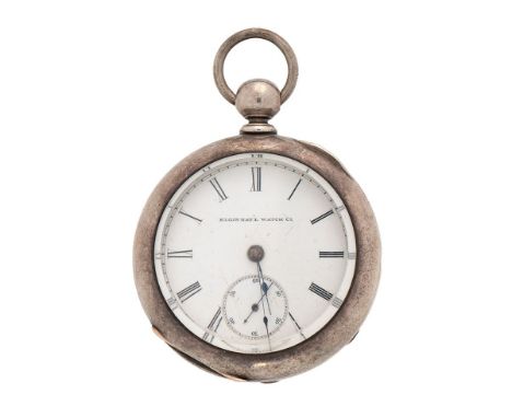 Large silver pocket watch, bevel edged glass, Elgin Watch Co, key wind, 57mm, untested.