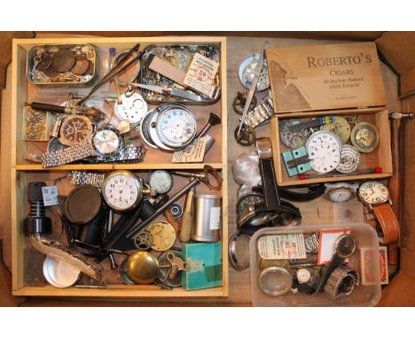 A collection of watchmakers and jewellers tools together with wristwatch and pocket watch parts and cases. (Qty)