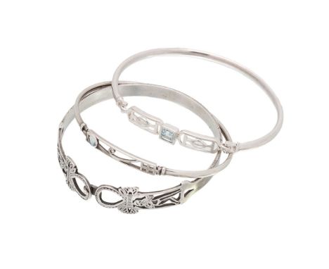 Three silver bangles to include a Charles Rene Macintosh influenced design set turquoise, an Art Deco style bracelet set turq