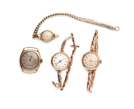 A gentleman's vintage gold cased, wristwatch, the textured dial with Arabic numerals and blued hands, 19.1g, together with th