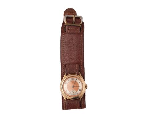 A vintage 9ct gold gentleman's wristwatch, subsidiary second hand with Arabic numerals military / sporting style period leath