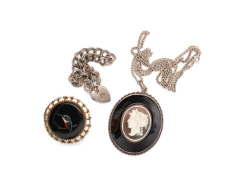 An antique cameo pendant in silver mount on silver chain together with an antique silver bracelet with heart padlock and a vi