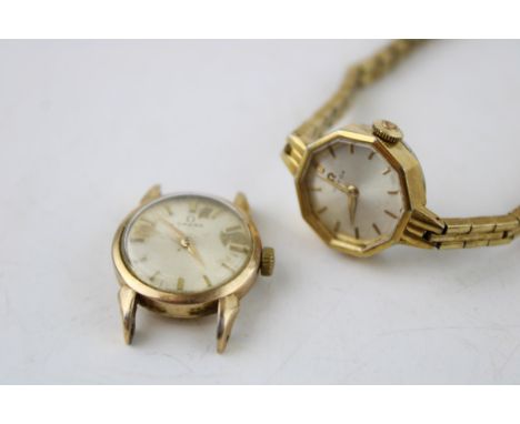 Two vintage, Omega, gold plated, lady's wristwatches, one of decahedron form the signed champagne dial with baton numerals, w