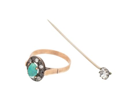A 9ct gold and turquoise ring, the oval turquoise surrounded by white quartz, size R, 3.2g and a stock or stick pin set with 