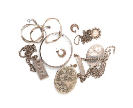 Group of hallmarked sterling silver jewellery including locket, ingot, chain, ID bracelet, bangle, chains etc.137g