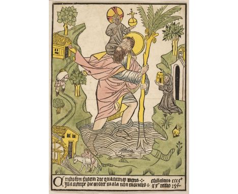 Ottley (William Young). St Christopher, circa 1816, hand-coloured woodcut on laid paper, with caption at foot 'Christofori fa