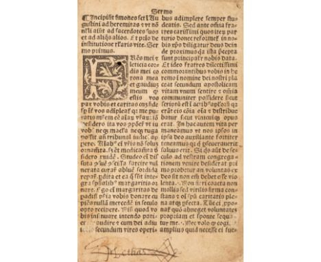 Augustine (Saint, Bishop of Hippo). [Sermones sancti Augustini ad heremitas, Paris: de Marnef, 1519], lacking title (A1), lea
