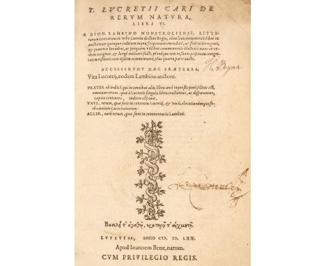 Lucretius Carus (Titus). De Rerum Natura, libri VI. A Dion Lambino Monstroliensi, litterarum Graecarum in urbe Lutetia doctor