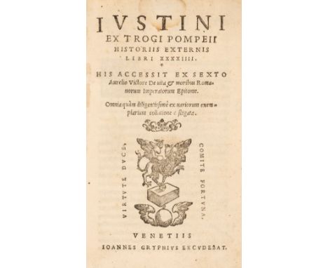 Justinus (Marcus Junianus). Justini ex Trogi Pompeii Historiis externis libri XXXXIII... , Venice: Joannes Gryphius, [1559?],