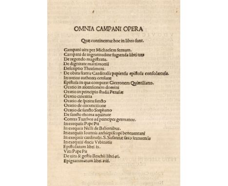 Campanus (Johannes Antonius).Omnia Campani Opera, 2nd edition, Venice, Andrea Torresano, [n.d. 1502], Roman letter; some ligh