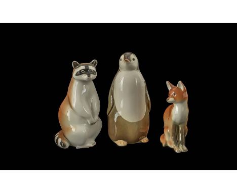 Collection of ( 3 ) Ceramic Russian Lomonosov Animal Figures. Comprises 1/ Penguin 6.5 Inches High. 2/ Fox 4.5 Inches High. 3