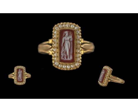 Antique Period Pleasing Quality Ladies 18ct Gold Cameo and Seed Pearl Set Ring of Rectangular Form, Marked 18ct to Interior o