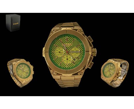 Gamages Gents Heavy Gold on Steel Automatic Chronograph Wrist Watch. Features Green / Yellow Dial, Multi Dials, Gold Markers,