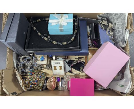 Large Box of Good Quality Costume Jewellery, some boxed, to include Equilibrium silver plated pendant suspended on long bead 