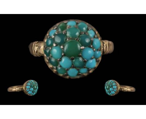 Edwardian Period 1902 - 1910 9ct Gold Turquoise Set Cluster Ring, Flower head Design. Full Hallmark for Chester 1909, Ring Si