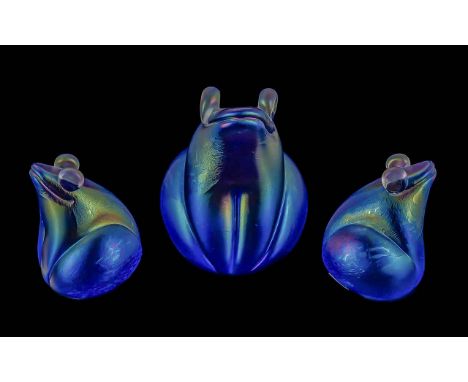 John Ditchfield Glassform - An Iridescent Glass Frog Paperweight, Signed To Base with Label. Circa 1980's. Height 4'' (10 cm)