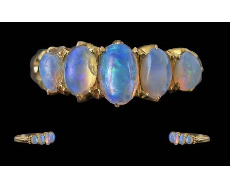 Antique Period - Pleasing Quality Ladies 15ct Gold 5 Stone Opal Set Ring, Raised Setting. c.1900. The Well Matched Opals of E
