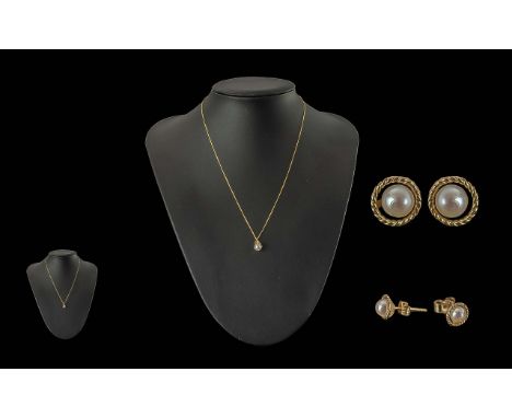 Ladies 9ct Gold &amp; Pearl Set Pendant and Chain, Together with 9ct Gold &amp; Opal Set Earrings. Both Stamped for 9ct. Comb