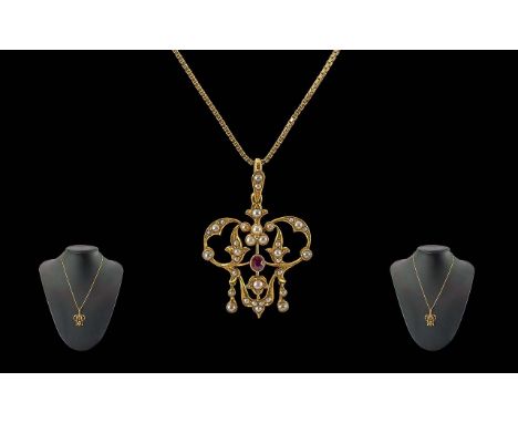 Victorian Period 1837 - 1901 Ladies 15ct Gold Open worked Ruby and Seed Pearl Set Pendant, with Later Attached 9ct Gold Box C