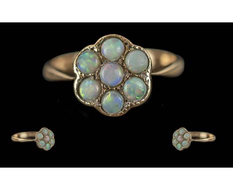 Ladies - Attractive 9ct Gold Opal Set Cluster Ring, Flower head Setting, Full Hallmark to Interior of Shank. Well Matched Pal