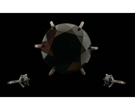 Large Black Spinel Solitaire Statement Ring - the round cut, conical stone set in a Tiffany style mount of platinum vermeil a