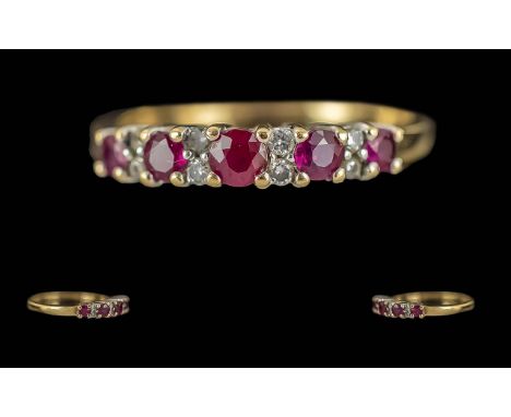 Ladies Pleasing 9ct Gold Ruby and Diamond Set Ring. Full Hallmark to Interior of Shank. Rubies and Diamonds of Good Colour / 
