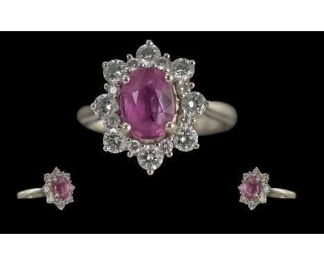 Ladies Fine Quality 18ct Gold Rubelitte and Diamond Set Cluster Ring. Full Hallmark to Interior of Shank. The Central Faceted