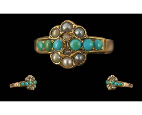 Antique Period Ladies 15ct Gold Turquoise And Seed Pearl Set Petite Ring - Marked 15ct To Interior Of Shank. Ring Size (K-L) 