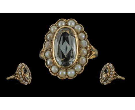 Ladies 9ct Gold Pale Aquamarine and Seed Pearl Set Ring, Full Hallmark to Interior of Shank. Of Pleasing Form. Ring Size K - 