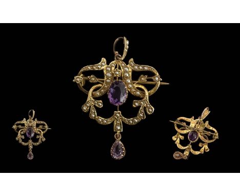Antique Period Ladies Pleasing 9ct Gold Open Worked Seed Pearl / Amethyst Set Brooch / Pendant. Excellent Coloured Amethysts.