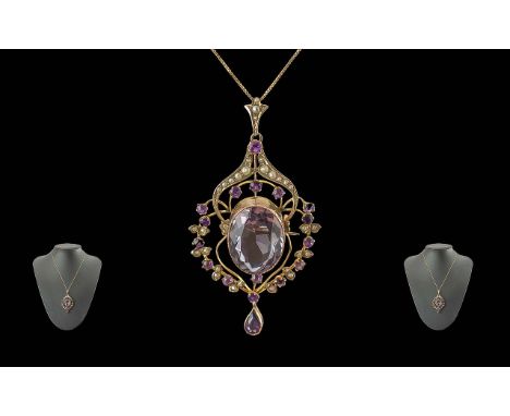 Victorian Period 1837 - 1901 Excellent Ladies 9ct Gold Large Openwork Pendant/ Brooch Set With Amethyst and Pearls with attac