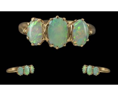 Ladies 9ct Gold 3 Stone Opal Set Ring, Raised Pave Setting, Full Hallmark to Interior of Shank. Ring Size O. Weight 2.8 grams