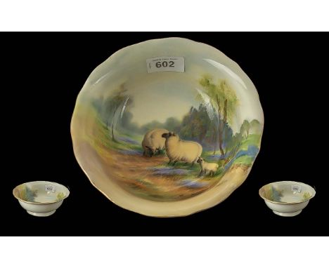 Royal Worcester by Ernest Barker Deep Bowl, decorated with sheep in a countryside scene.  Diameter 7''.