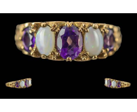Antique Period - Pleasing Ladies 9ct Gold Opal and Amethyst Set Ring, Raised Open worked Setting. Full Hallmark to Shank, Opa