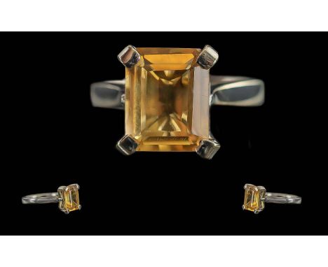 Ladies 9ct White Gold Single Stone Citrine Set Ring, Full Hallmark to Shank. The Rectangular Shaped Step-cut Citrine of Pleas